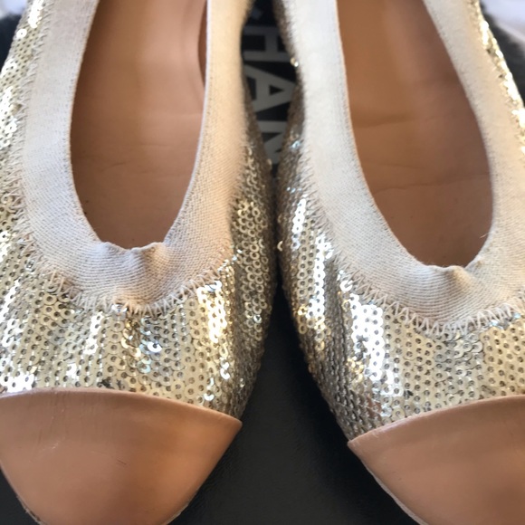 Tan and gold Chanel flats